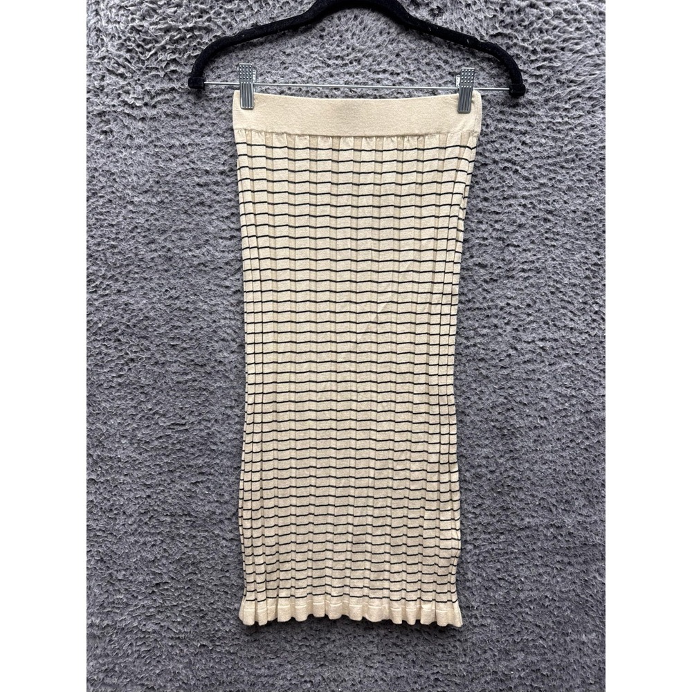 Eenk Sing Ribbed‎ Knit Pleated Midi Skirt Beige Black Stripe Womens Size S